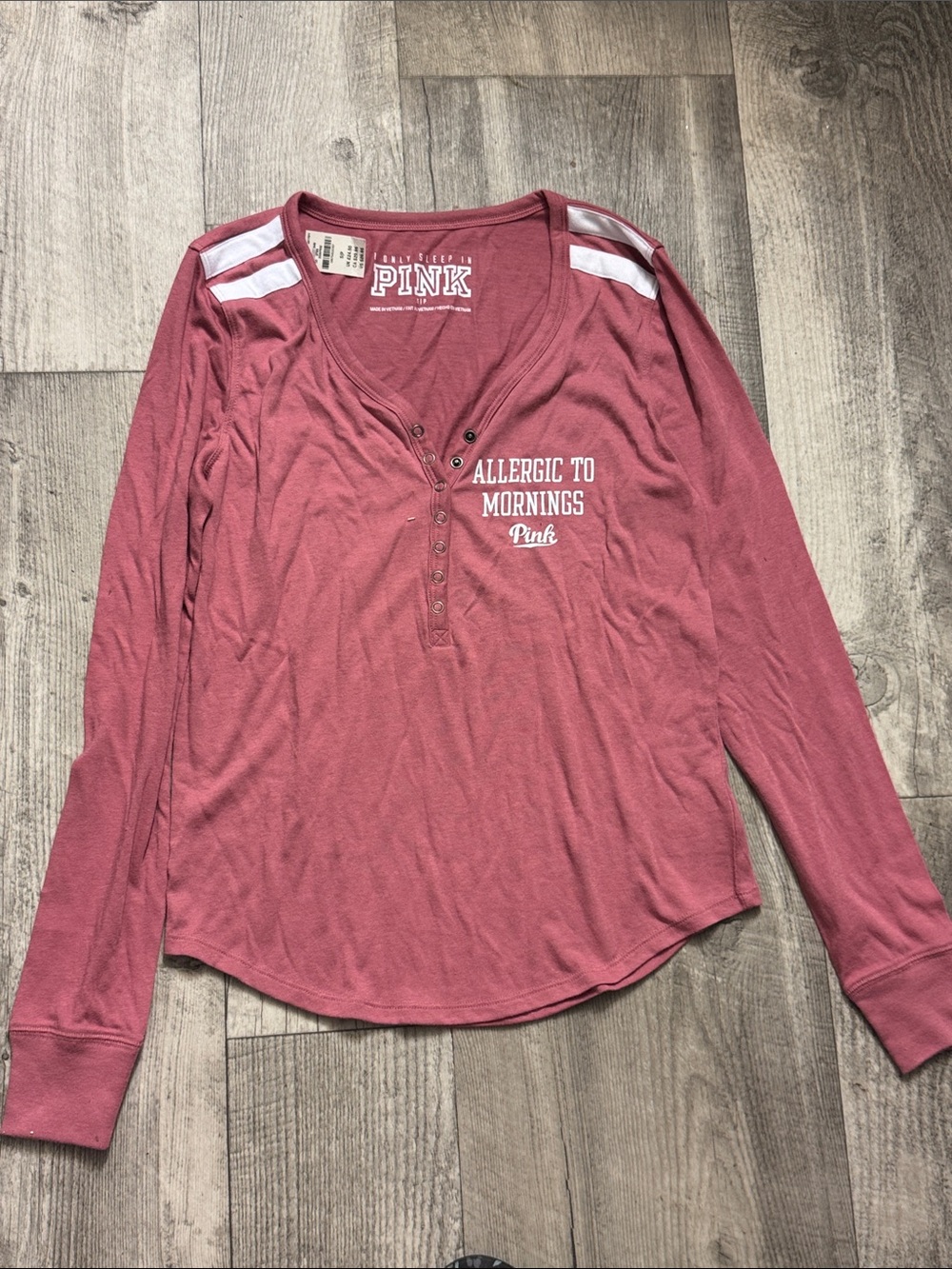 PINK Victoria's Secret Long Sleeve Henley in Dusty Rose with White Stripes